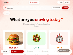 Easypick Quick Pick mood selection screen with Hungry, Light, and Fast options